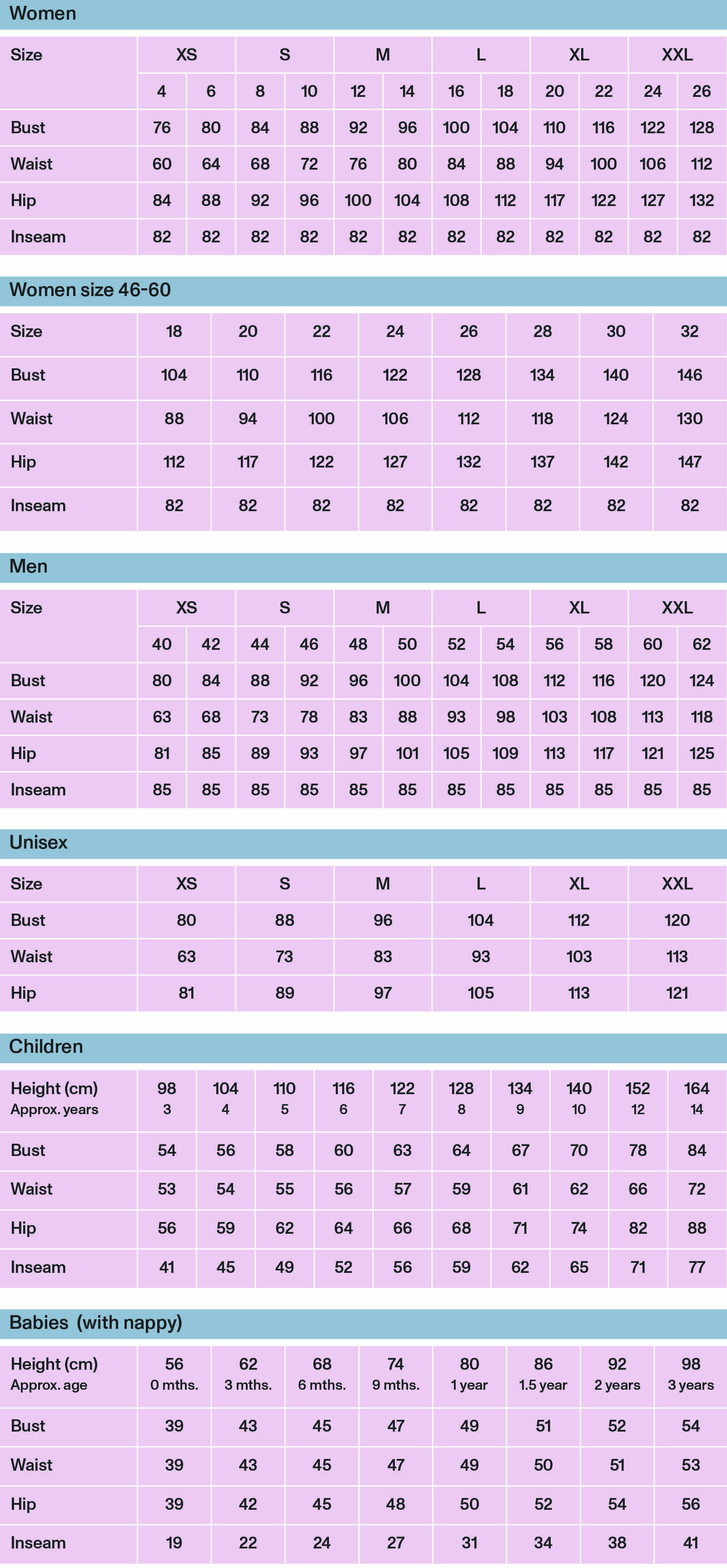 Women's clothing hotsell size chart